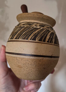 Handmade MCM Stoneware Honey Pot w/Walnut Dipper Signed